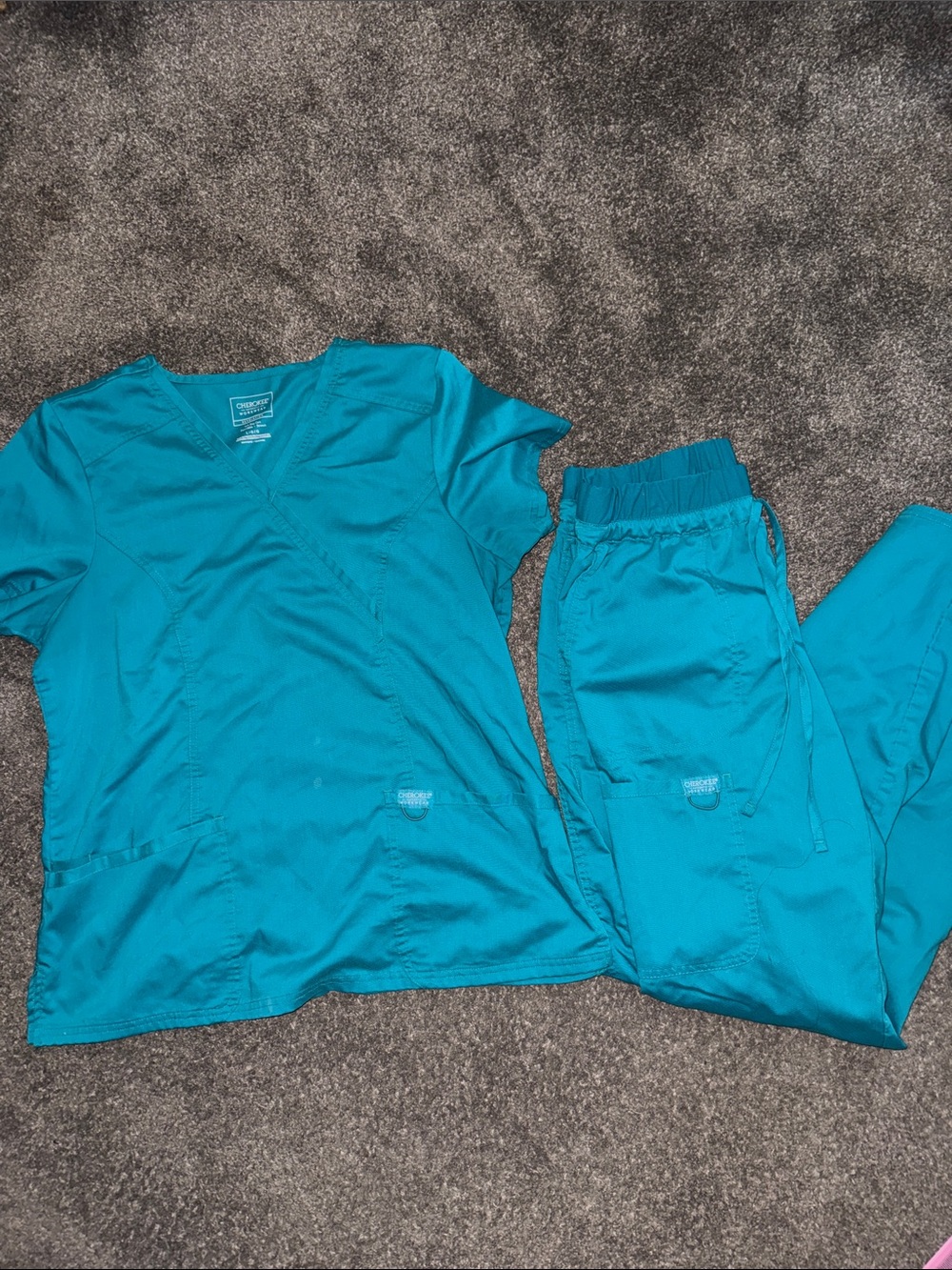 Teal V-Neck Scrub Top and Drawstring Pants